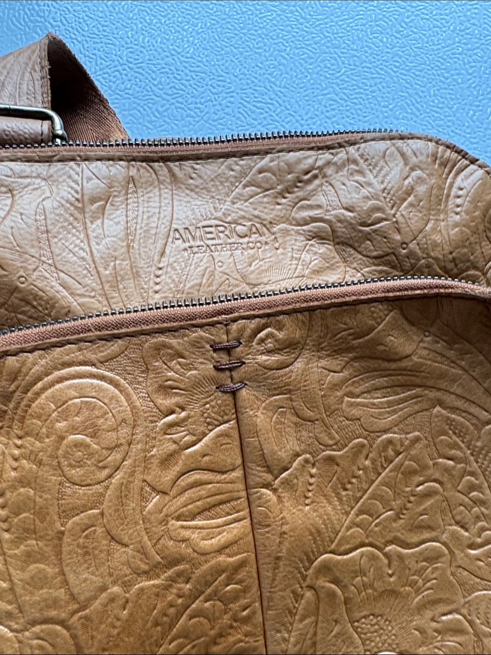 American Leather Tan Embossed Leather Backpack with Two Front Zip Pockets - Picture 12 of 15